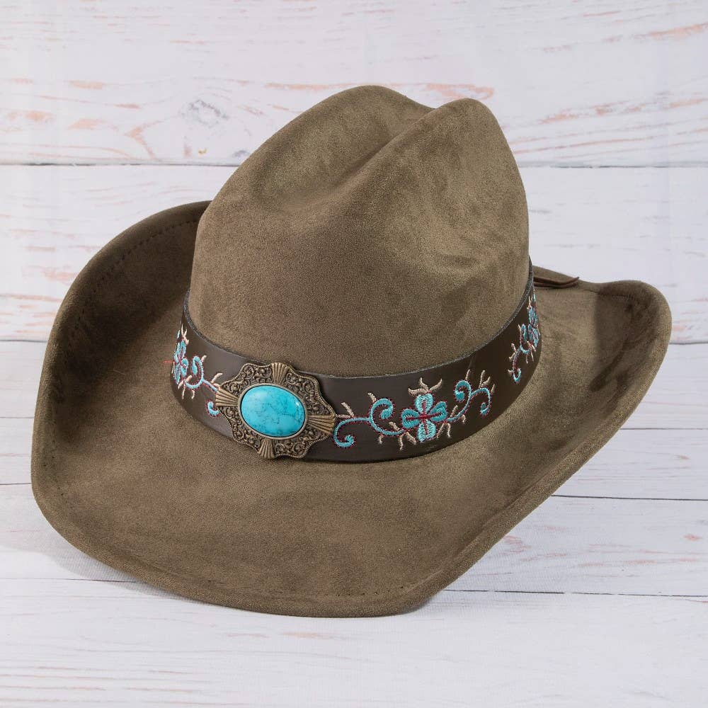 Olive Green Western Embroidered Floral Strap Concho Cowboy Hat