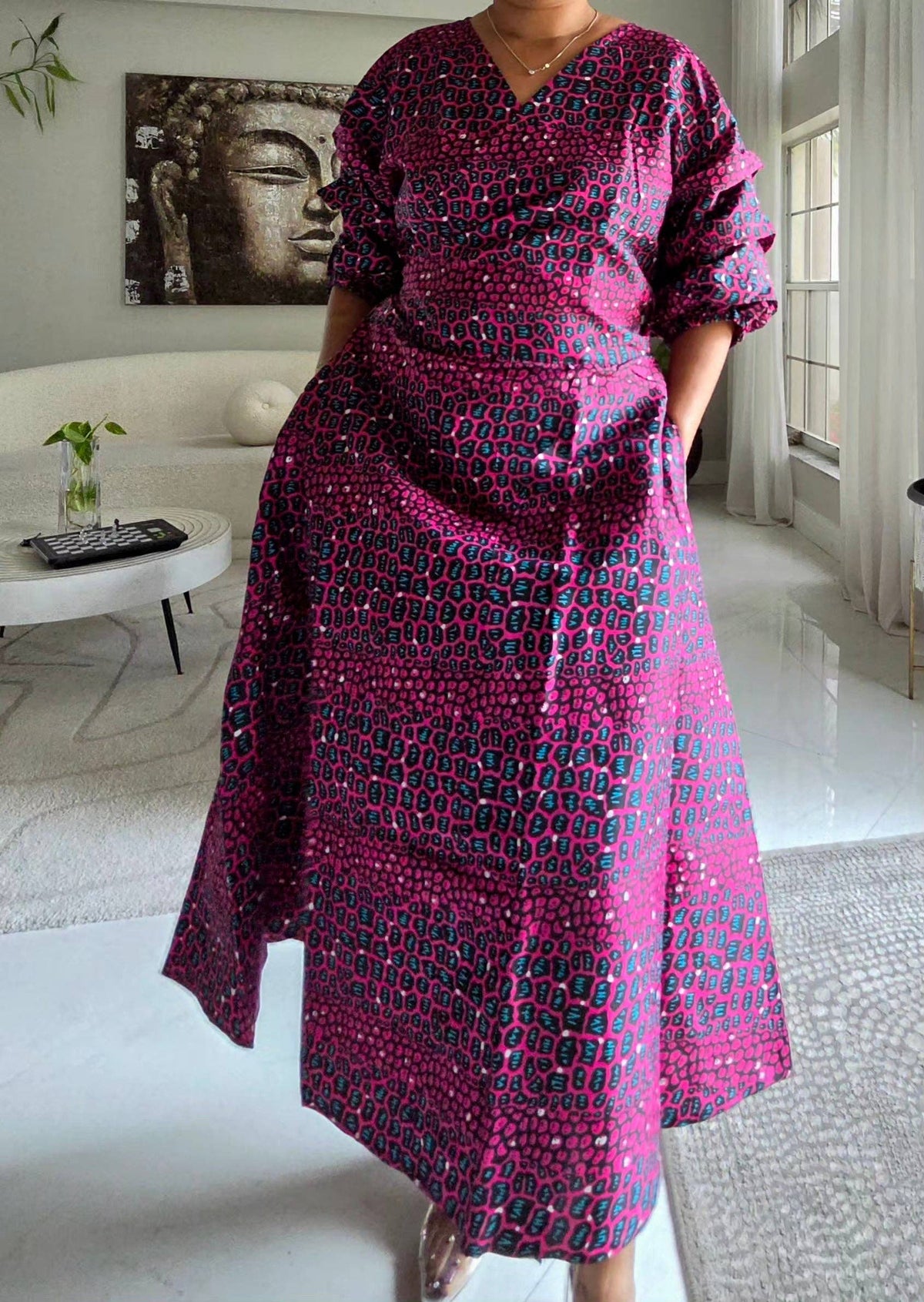 Wrap Dress With Puffed Sleeves Alligator Print
