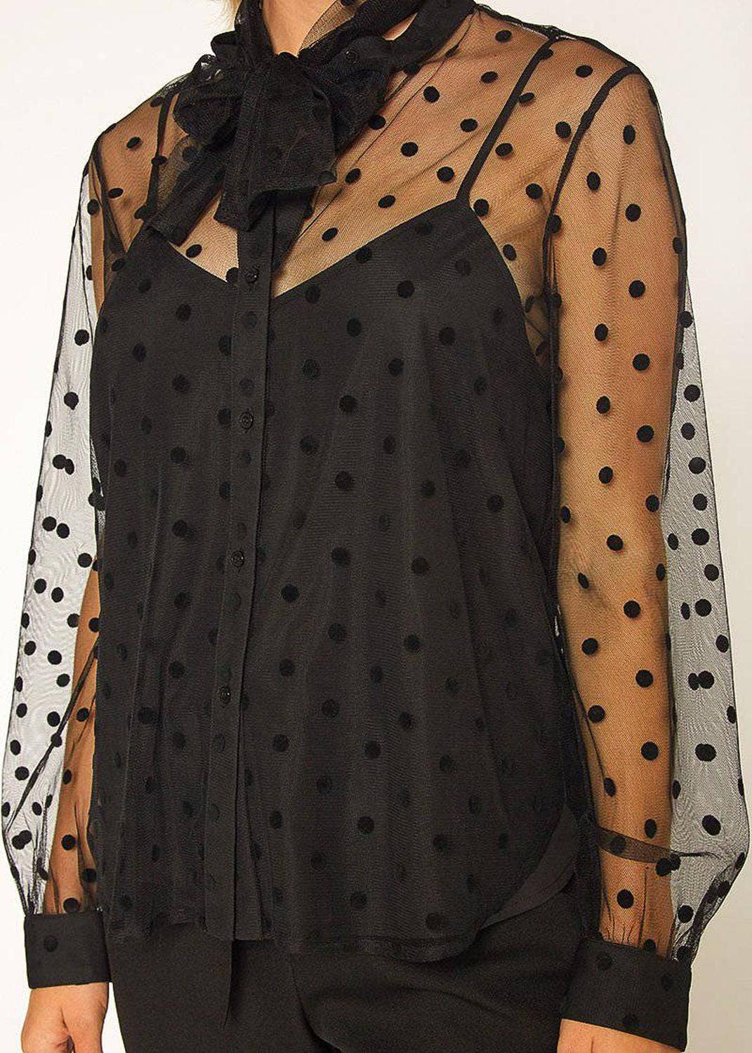 Black Polka Dot Mesh Blouse With Cami