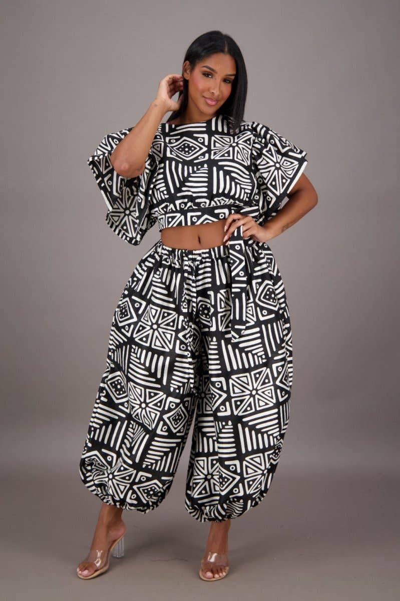 Black White African Crop Top Balloon Pant Set