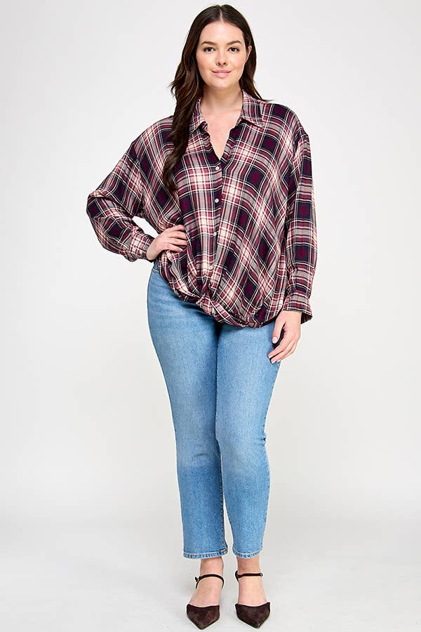Plus Plaid Draped Button Down Top