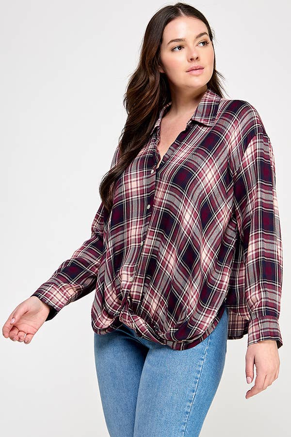 Plus Plaid Draped Button Down Top