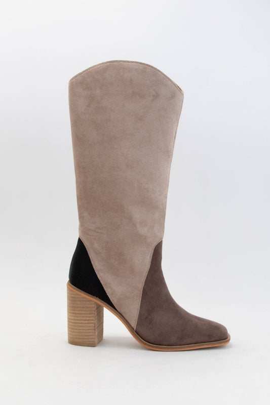 Three Tone Color Block Stack Heel Boots