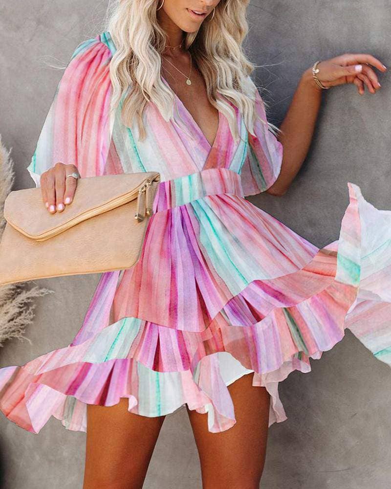 Pastel Tie Die Plunge Ruffle Hem Dress
