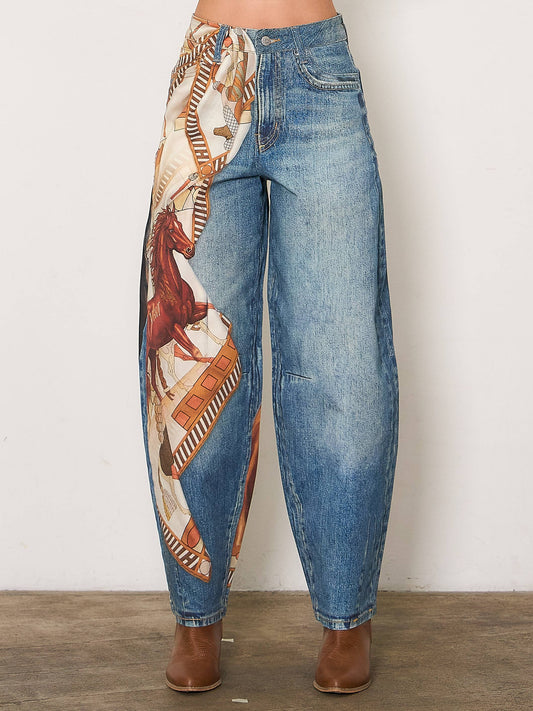 Horse Scarf Digital Print Baggy Jeans