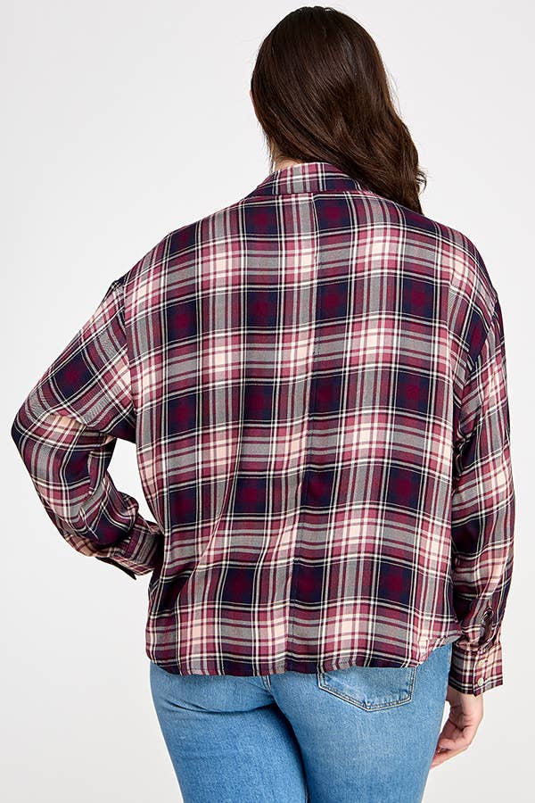 Plus Plaid Draped Button Down Top