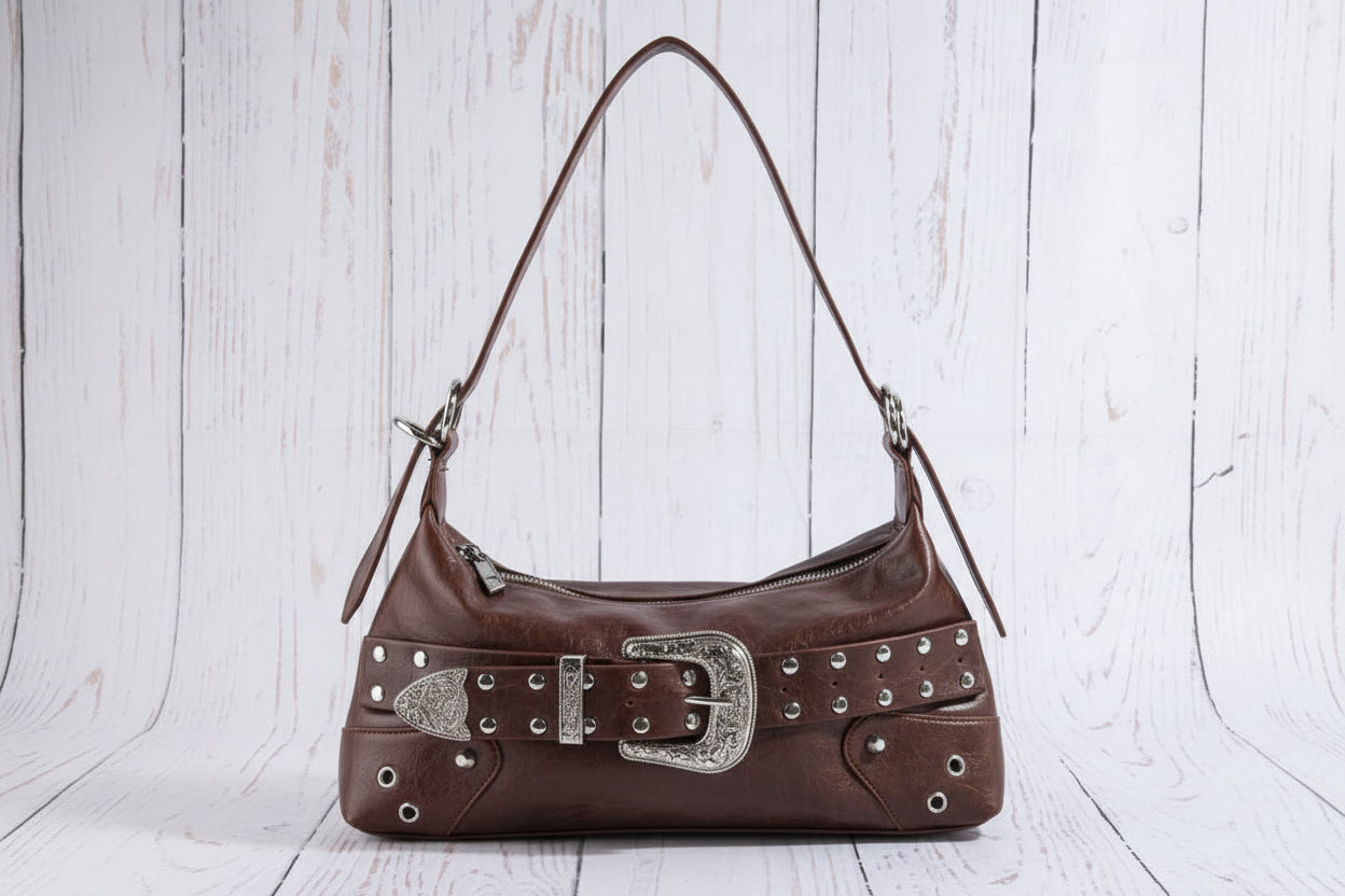 Studded Western Buckle Vegan Leather Shoulder Bag
