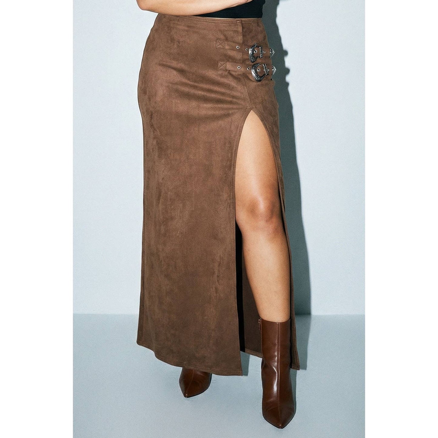 PLUS Western Faux Suede Maxi Skirt with High Slit