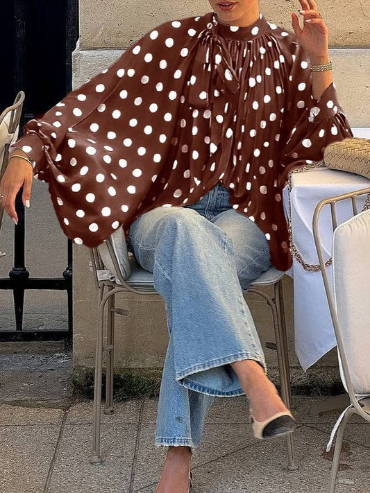 Cocoa Brown Polka Dot Tie Neck Semi-Sheer Blouse