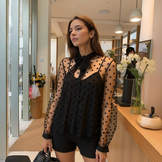 Black Polka Dot Mesh Blouse With Cami