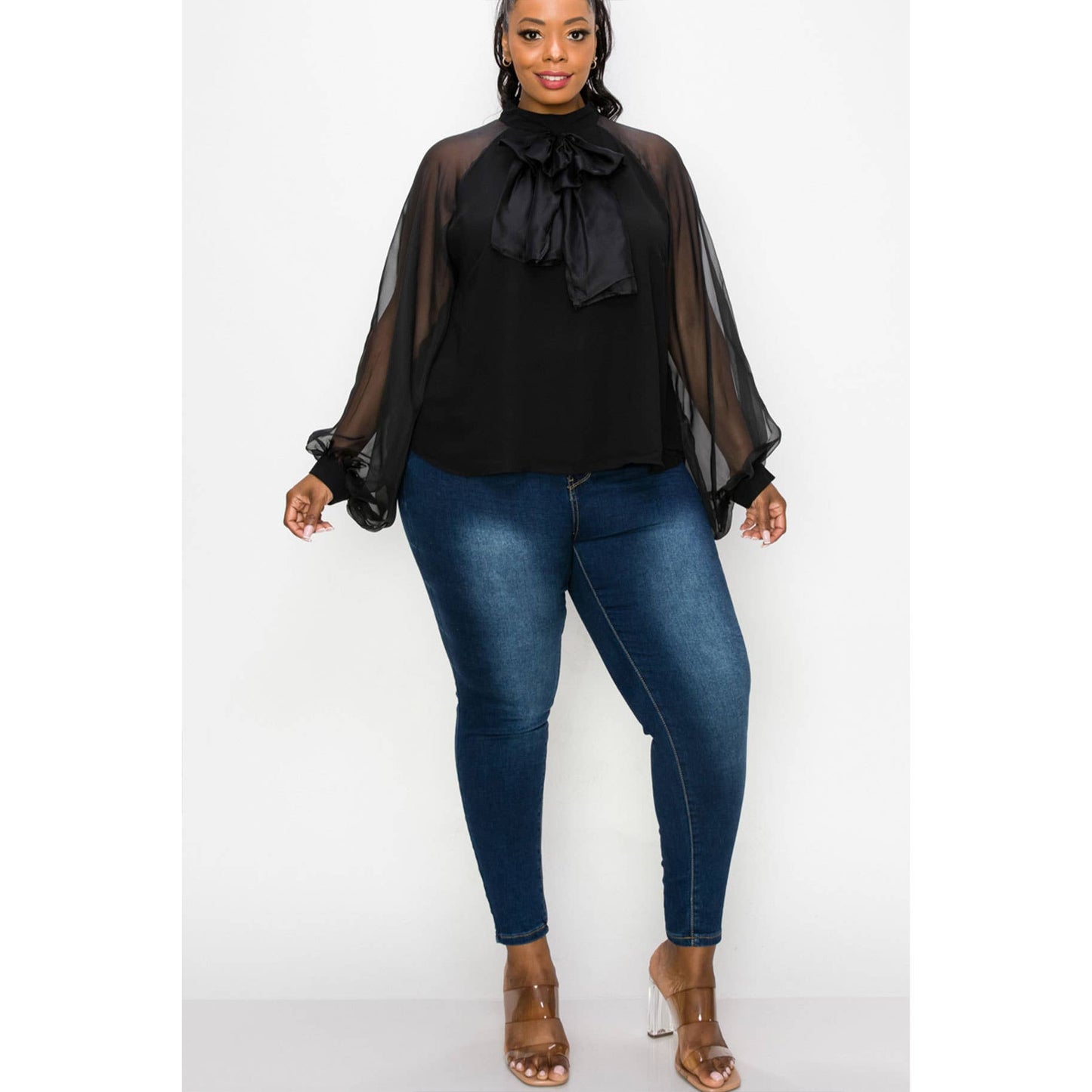 Black Blouse Sheer Sleeves Bow Detail