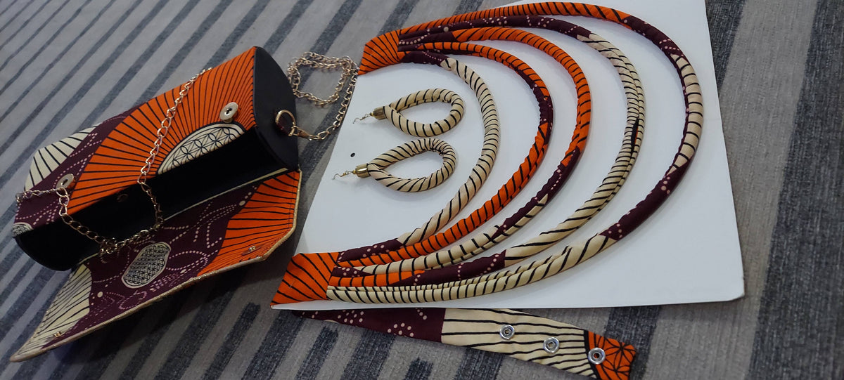 Clutch Bag & Rope Necklace Set African Ankara Pattern Burgundy Orange Cream