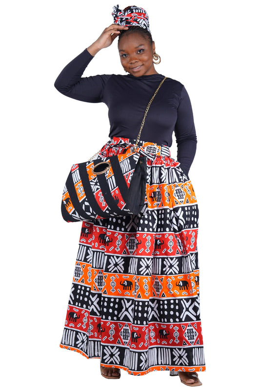 African Long Maxi Skirt, Handbag and Head Wrap Set Black Red Orange and White