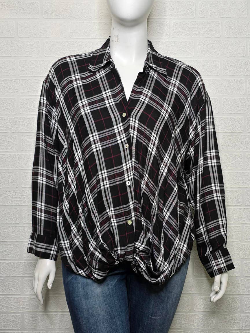 Plus Plaid Draped Button Down Top