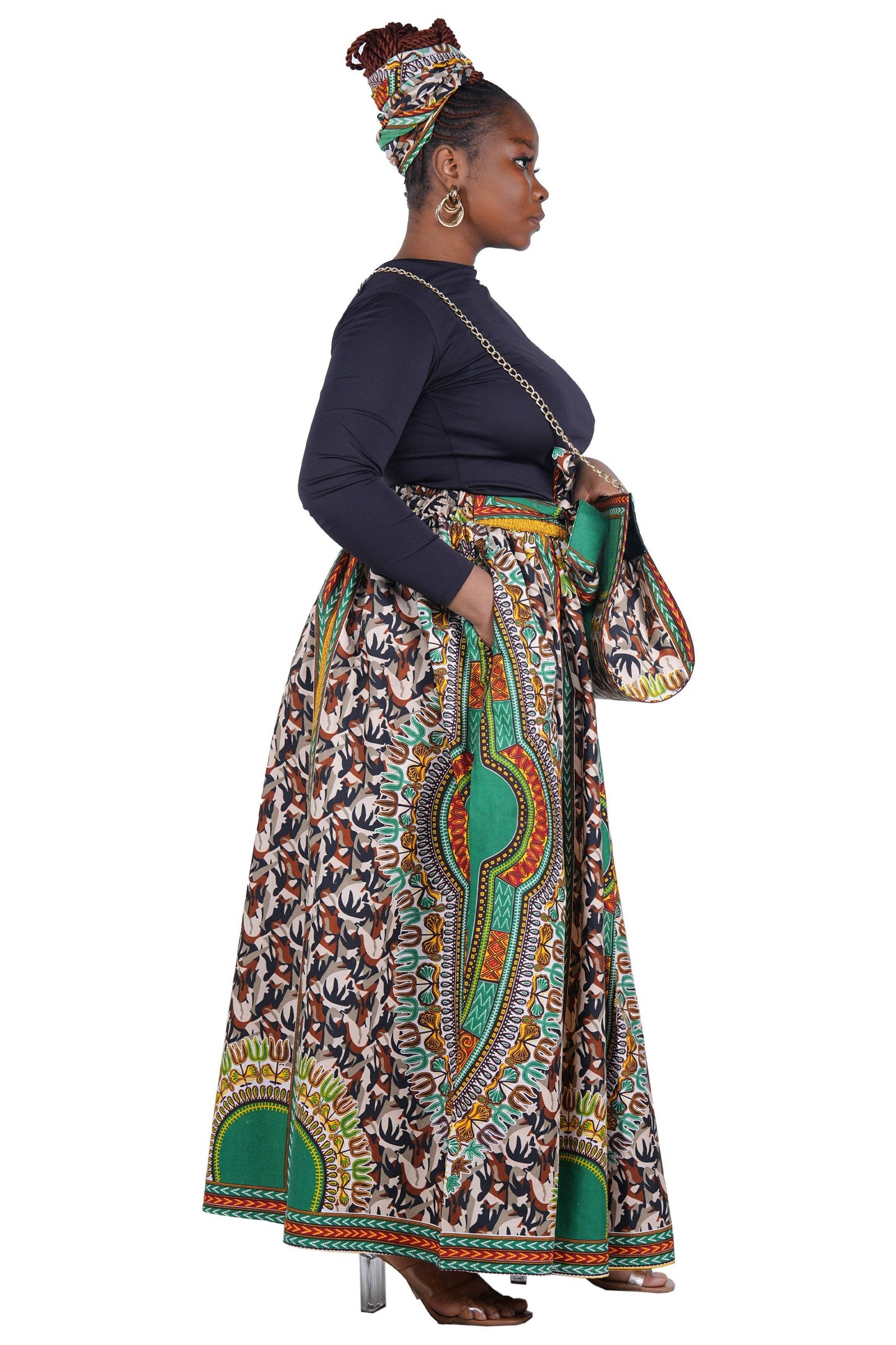 Dashiki Camouflage Long Maxi Skirt, Handbag and Headwrap Set