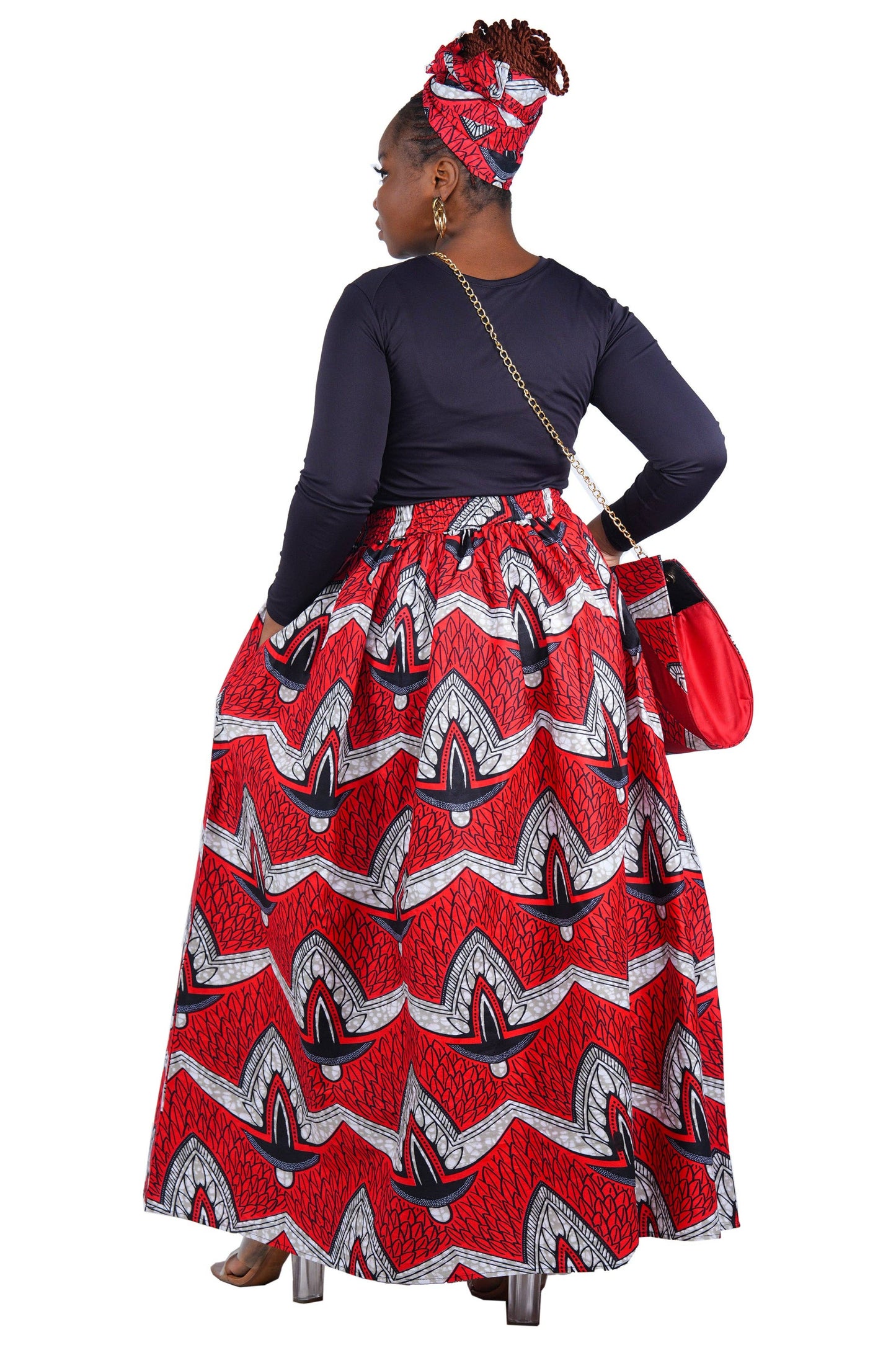African Long Maxi Skirt, Handbag and Head Wrap Set Black Red White