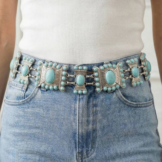 Turquoise Stone Western Concho Chain Belt