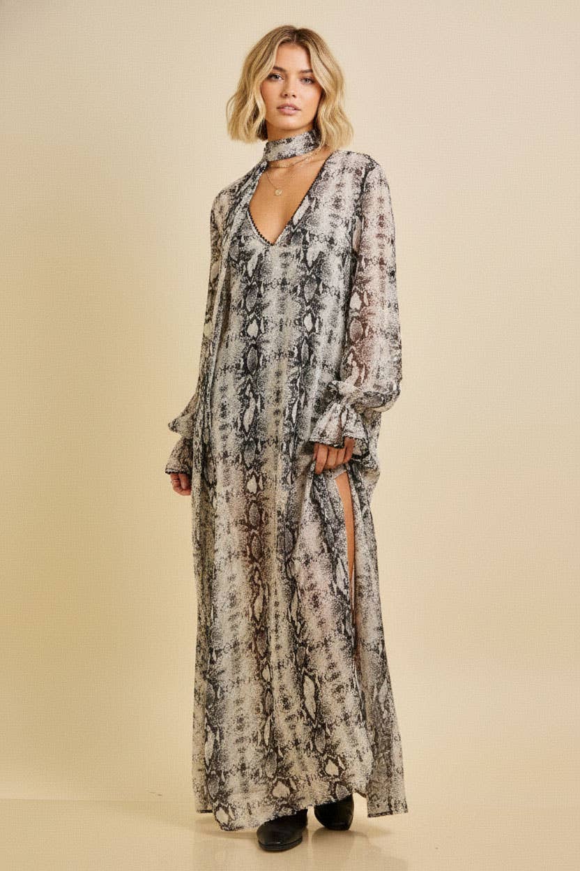 Snake Print Maxi Dress with Scarf