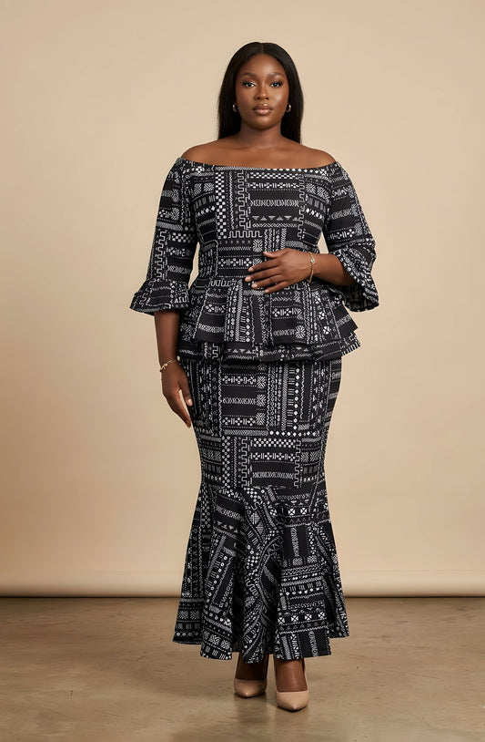 Elegant African Print Off-Shoulder Peplum Top & Mermaid Skirt Set | 3XL