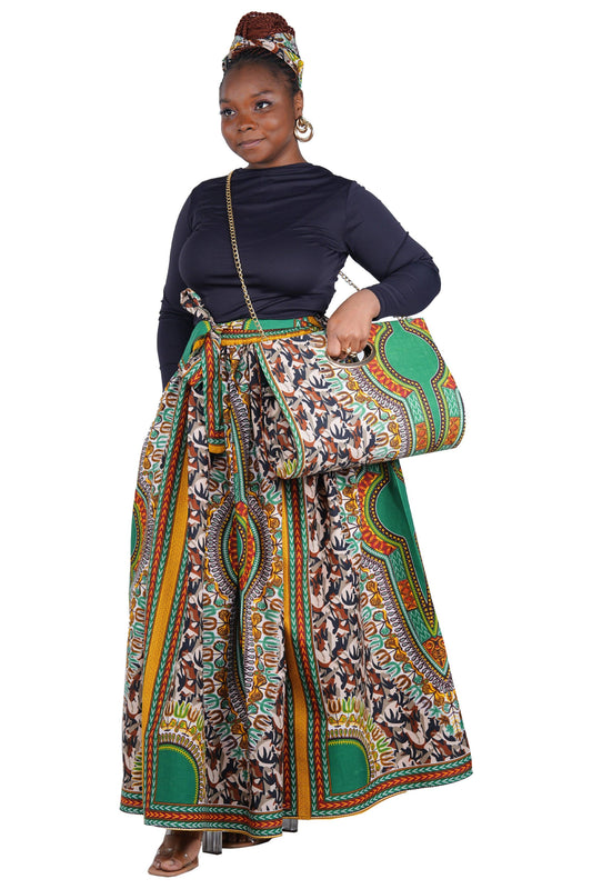 Dashiki Camouflage Long Maxi Skirt, Handbag and Headwrap Set