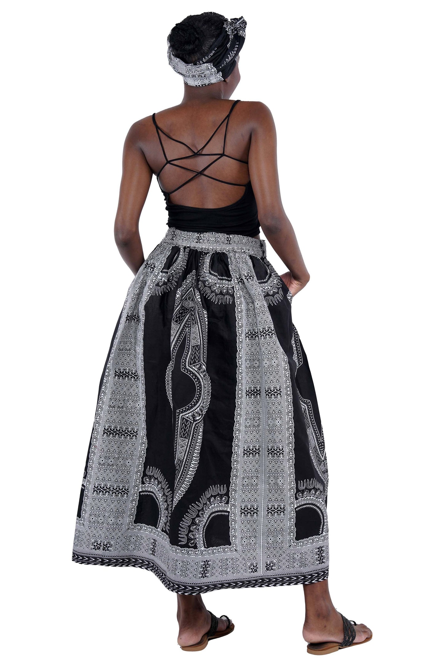 Black White Dashiki Long Maxi Skirt, Handbag and Headwrap Set