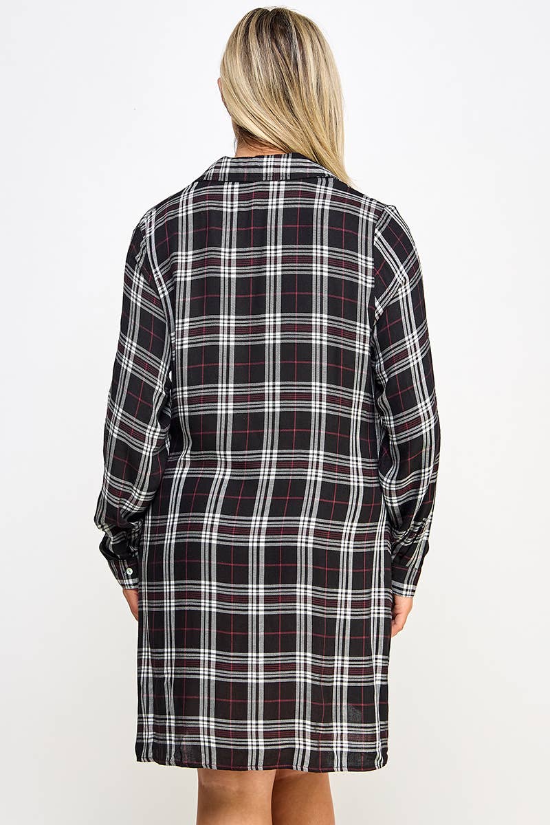 Plus Long Sleeve Plaid Side Tie Dress