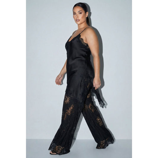 PLUS Satin Lace Trim Cami and Pants Set