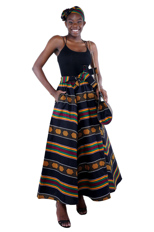 African Long Maxi Skirt, Handbag and Head Wrap Set Black Red Green Yellow