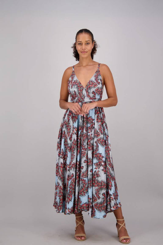 Blue Red Floral Print Silk Maxi Dress