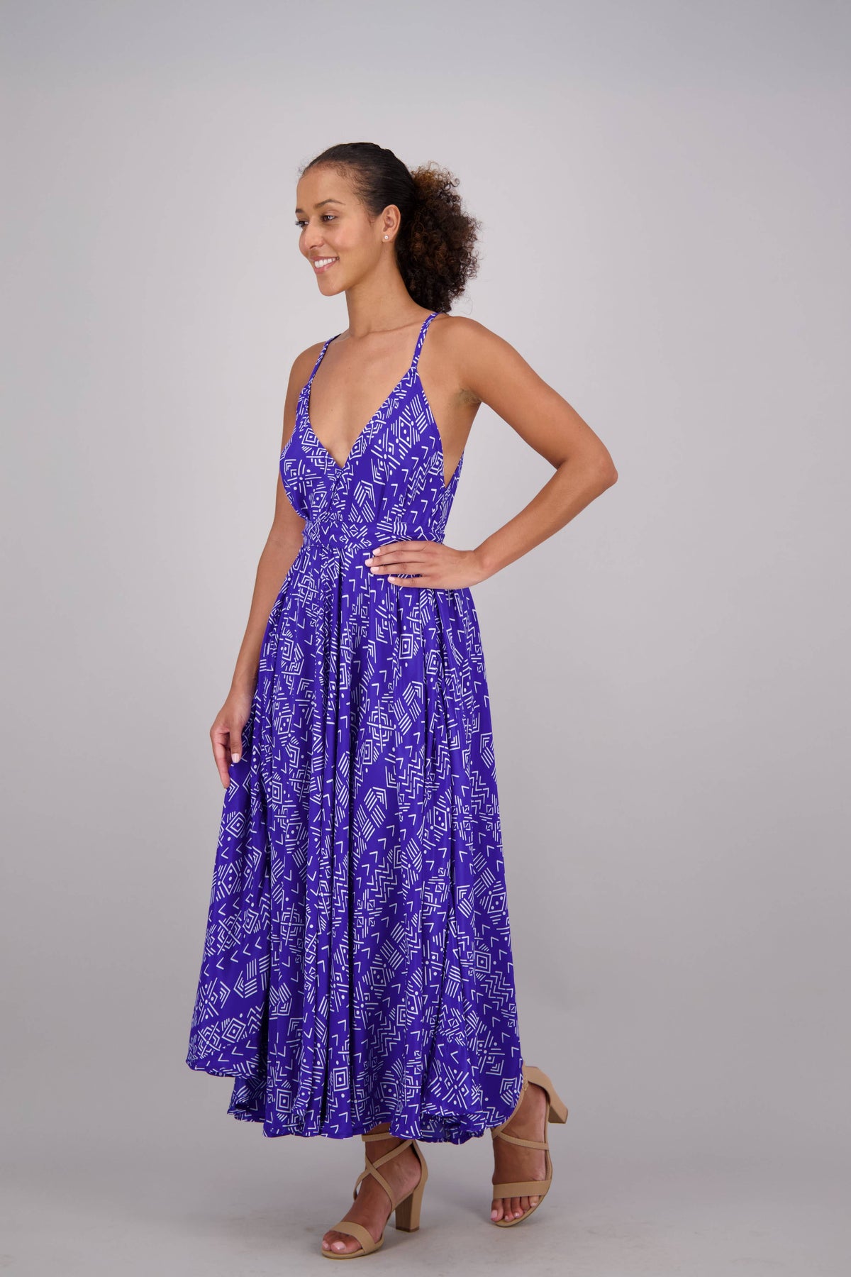 Blue Tribal Print Maxi Silk Blend Dress
