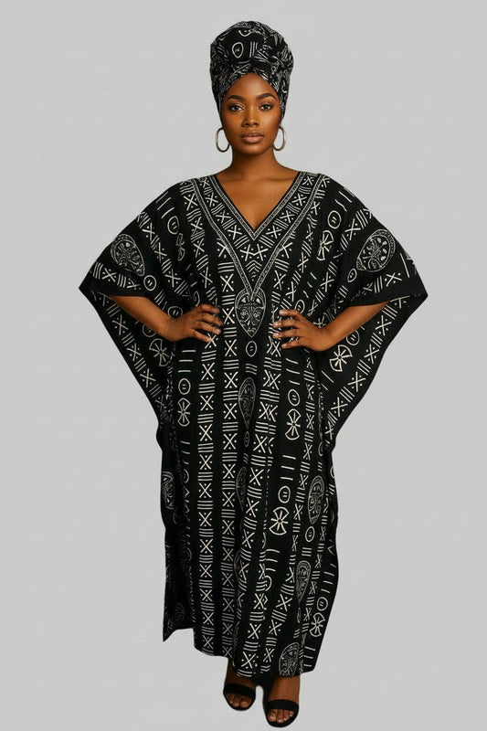 Kaftan Dress Tribal Print Black/Gold