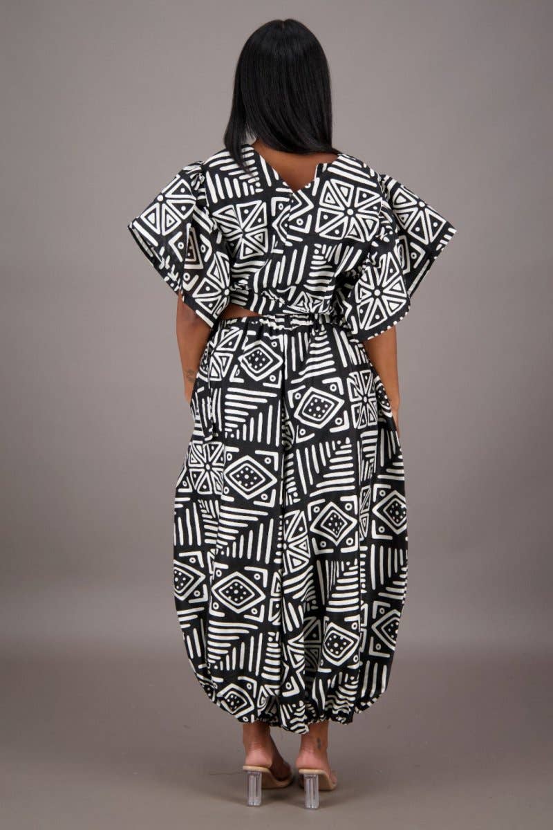 Black White African Crop Top Balloon Pant Set