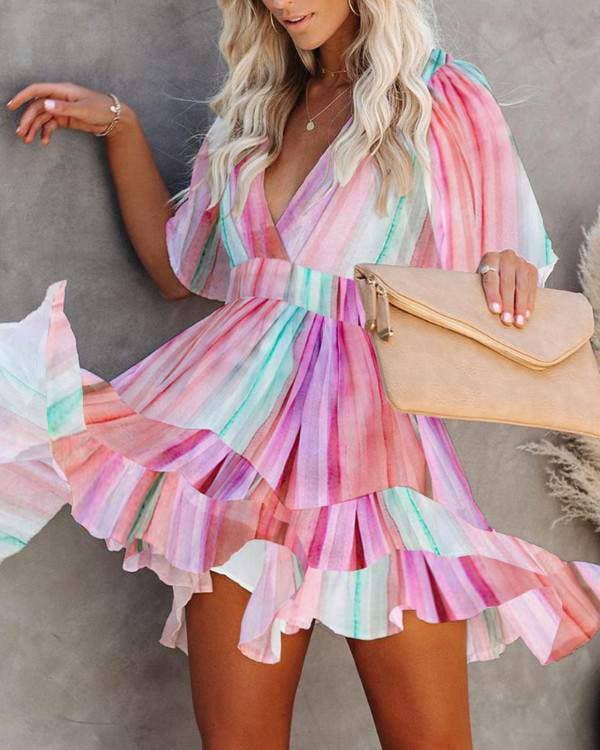 Pastel Tie Die Plunge Ruffle Hem Dress