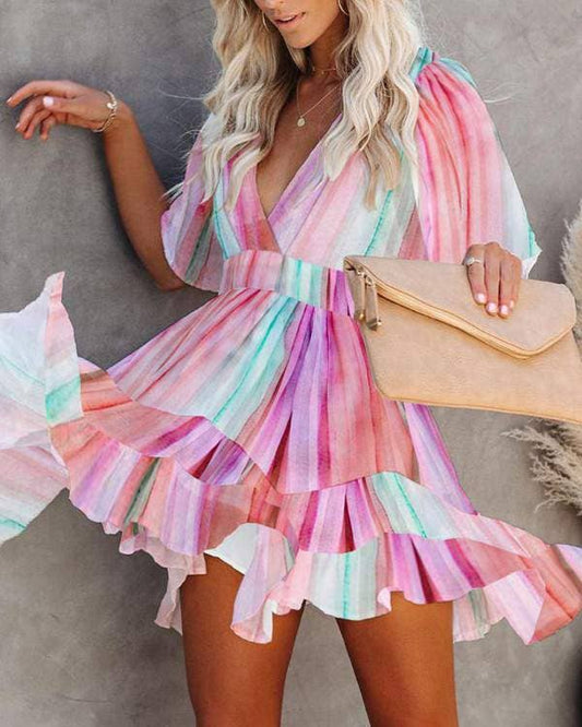 Pastel Tie Die Plunge Ruffle Hem Dress