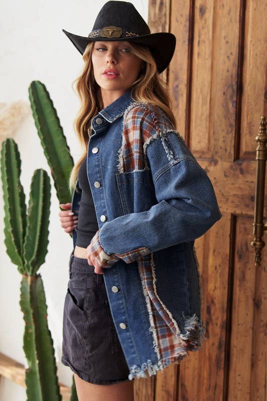 Denim and Plaid Color Block Jacket