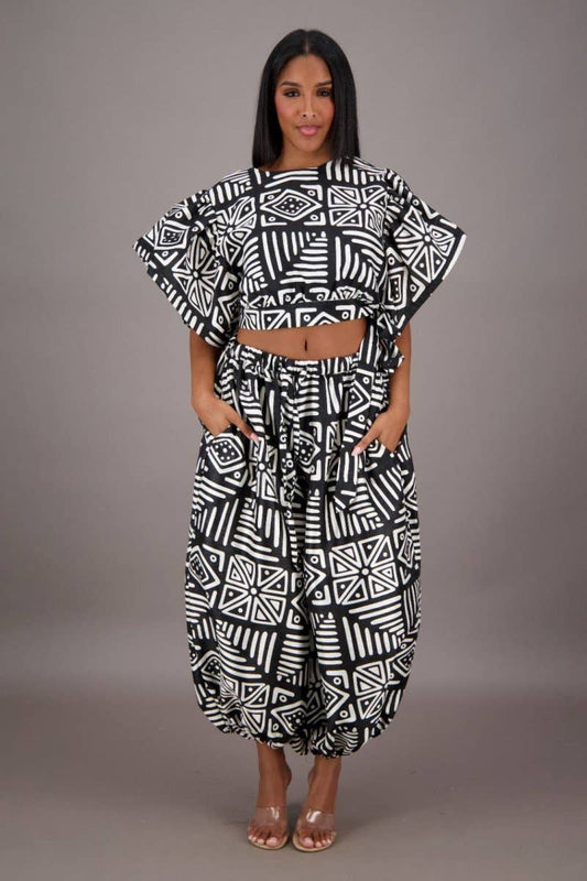Black White African Crop Top Balloon Pant Set
