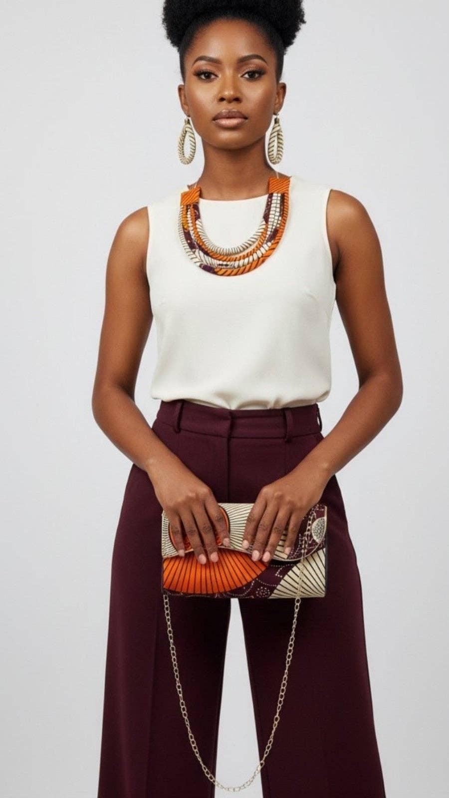Clutch Bag & Rope Necklace Set African Ankara Pattern Burgundy Orange Cream