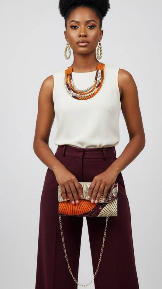 Clutch Bag & Rope Necklace Set African Ankara Pattern Burgundy Orange Cream