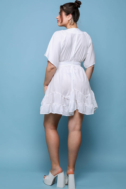 White Plunge Ruffle Hem Dress