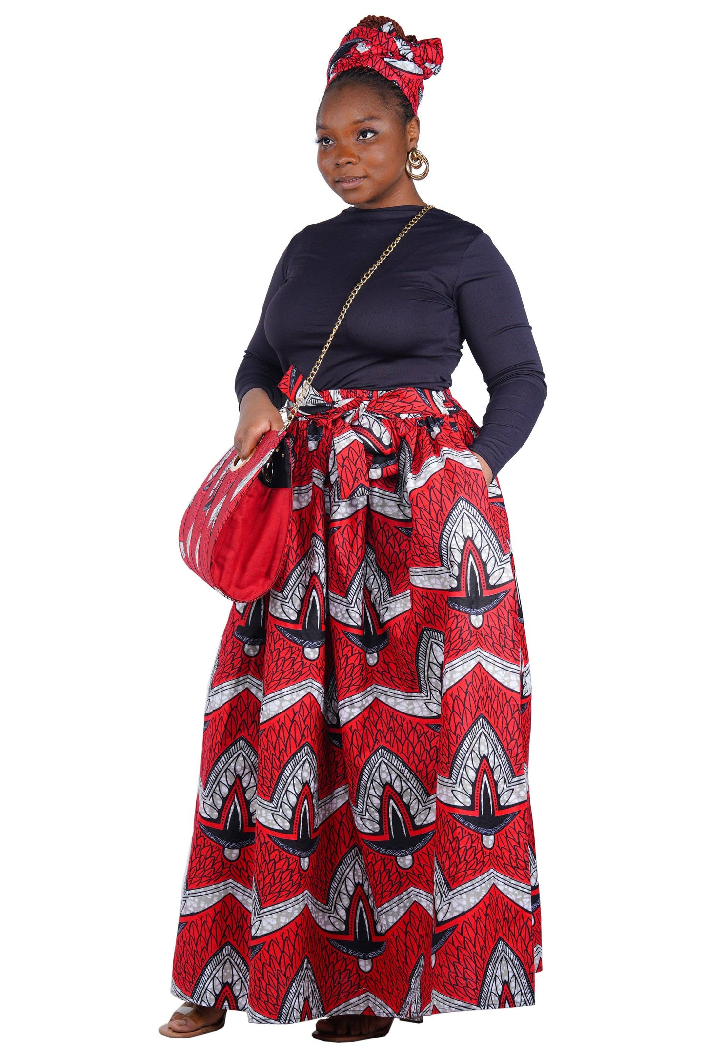 African Long Maxi Skirt, Handbag and Head Wrap Set Black Red White