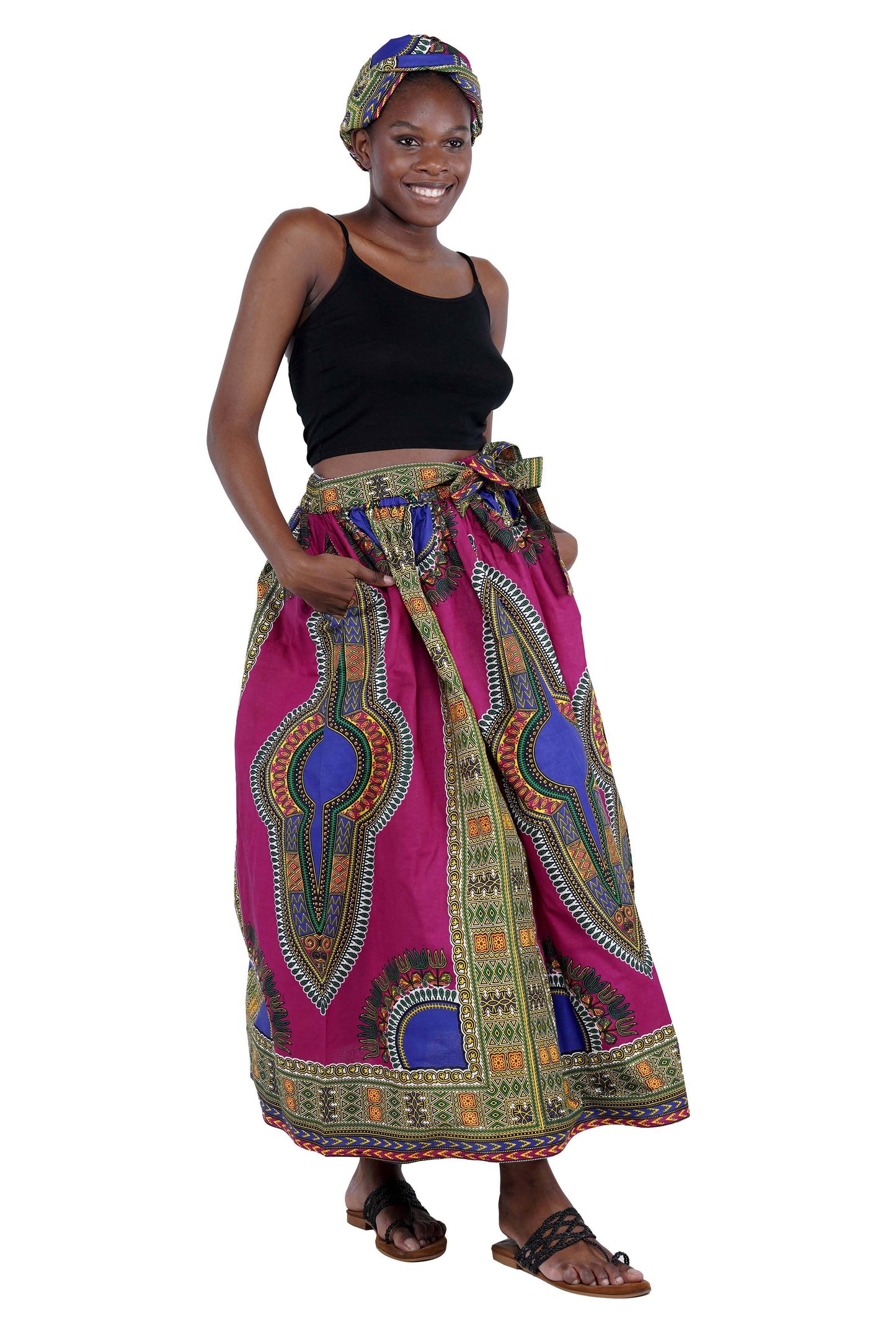 Purple Dashiki Long Maxi Skirt, Handbag and Headwrap Set