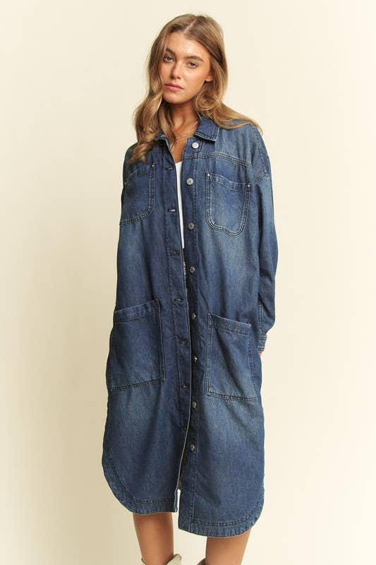 Plus Mid Length Button Down Denim Jacket