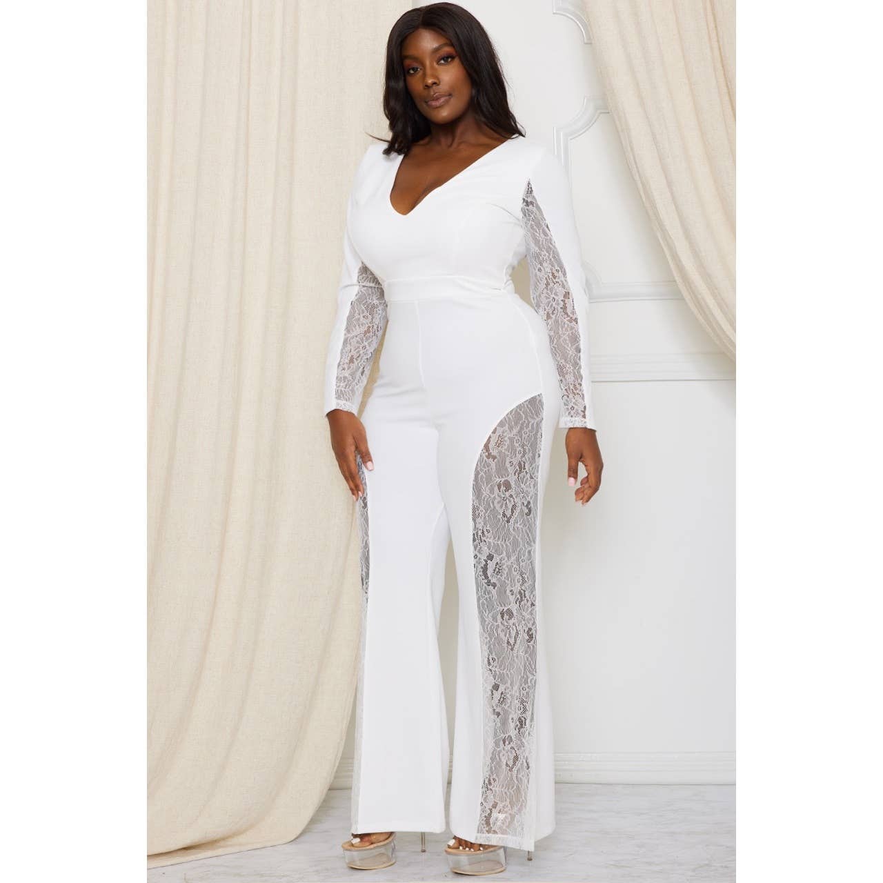 Long Sleeve Jumpsuit With Lace Panels