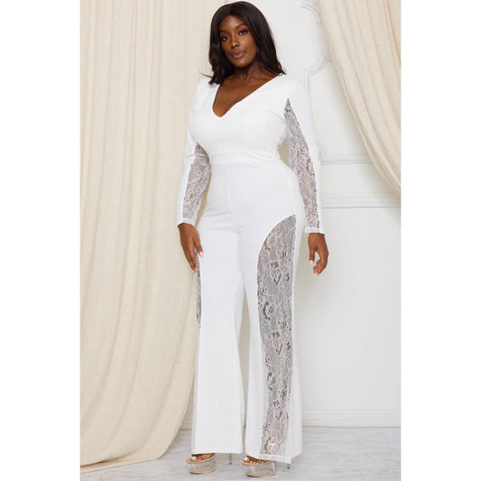 Long Sleeve Jumpsuit With Lace Panels