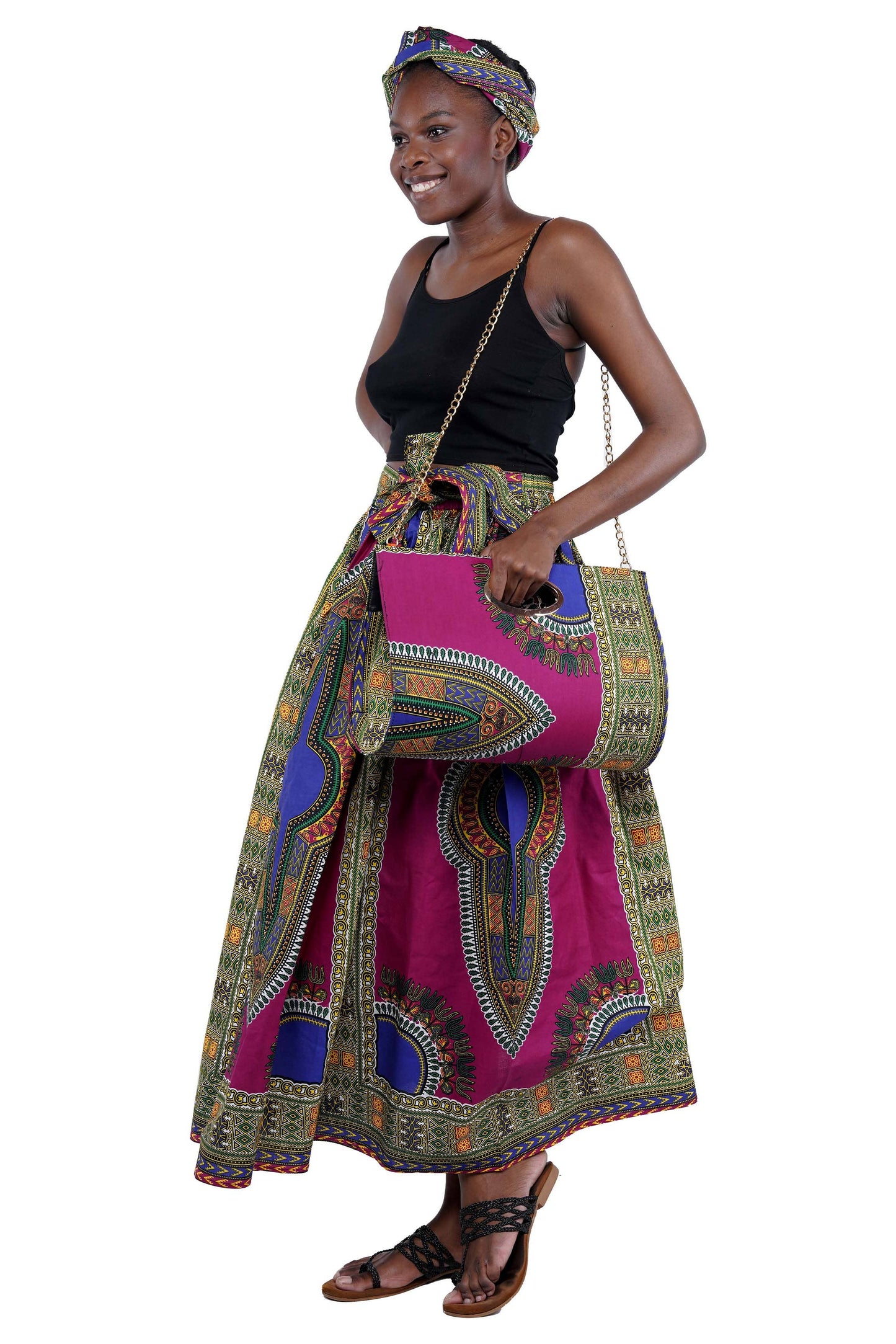 Purple Dashiki Long Maxi Skirt, Handbag and Headwrap Set