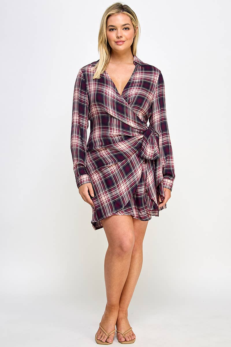 Plus Long Sleeve Plaid Side Tie Dress