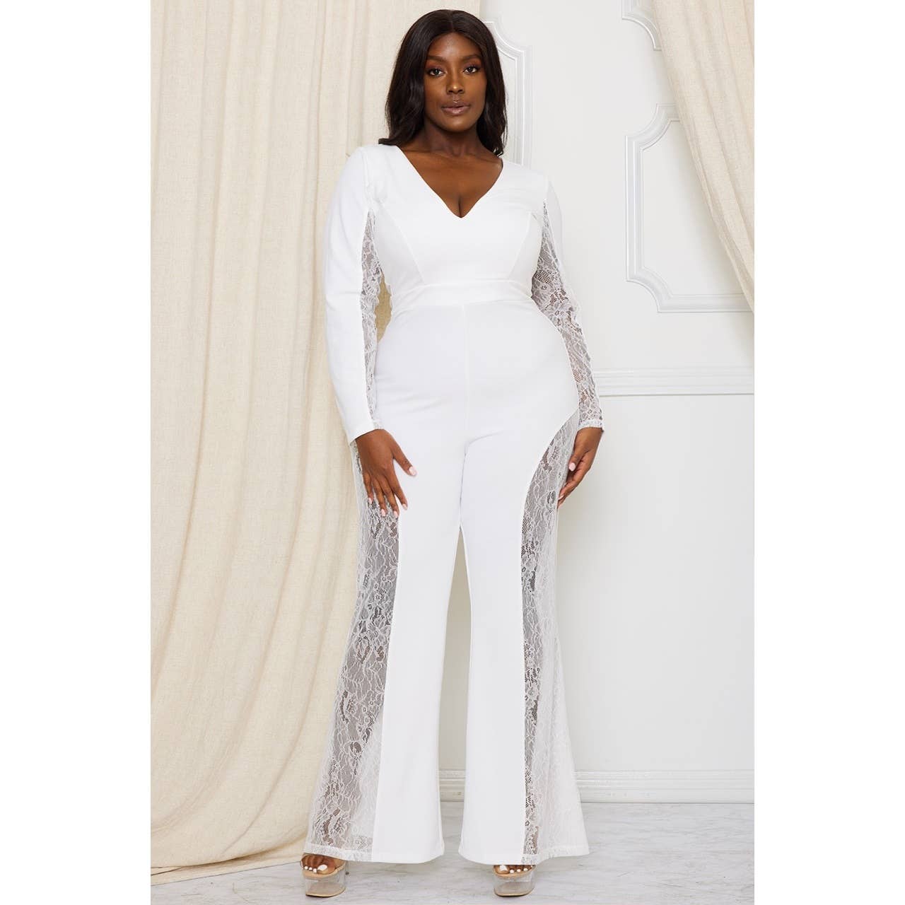 Long Sleeve Jumpsuit With Lace Panels