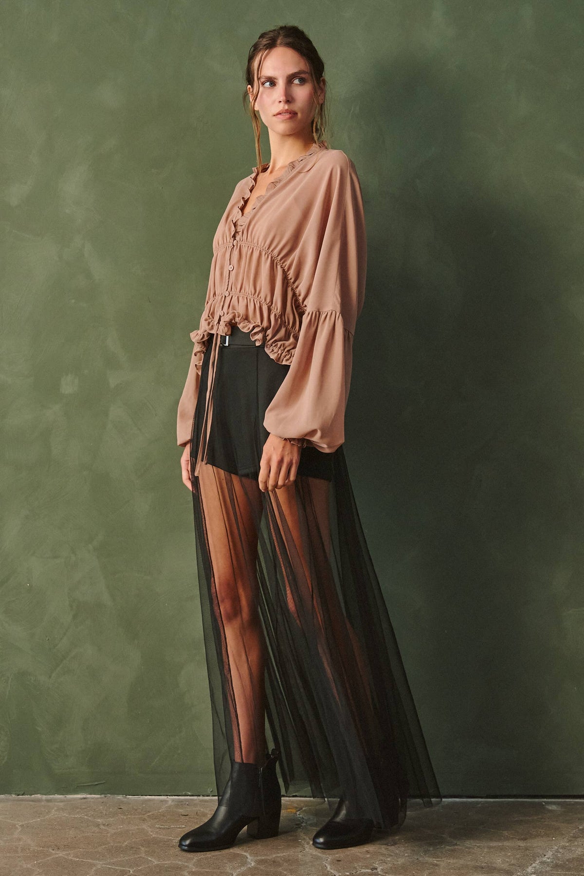 Belted Mesh Overlay Maxi Skirt Shorts