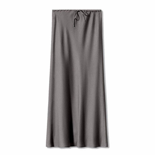 Gray High Waist Drawstring Belted Satin Maxi Skirt