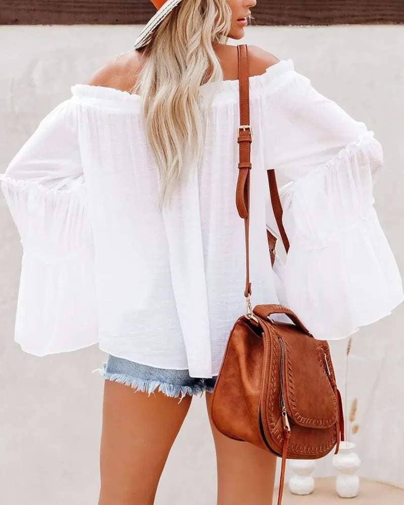 White Off Shoulder Bell Sleeve Top